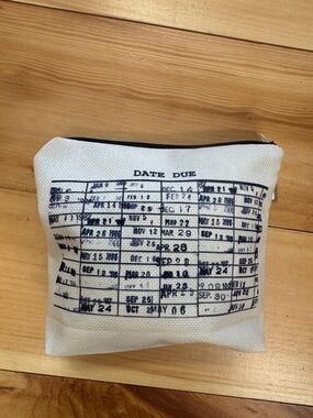 Canvas Cosmetic Pouch in White with Navy Library Stamp Print